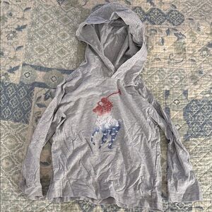 POLO Ralph Lauren Gray Lightweight Long Sleeve Tee Hoodie Red and Blue Graphic